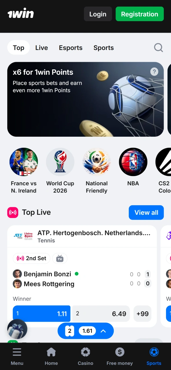 List of sports bets and games in the 1win app.